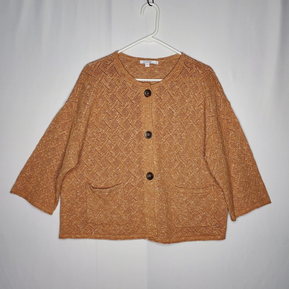 Chicos Cardigan Sweater Womens‎ XL Orange Pattern Knit 3/4 Sleeve Button Pocket